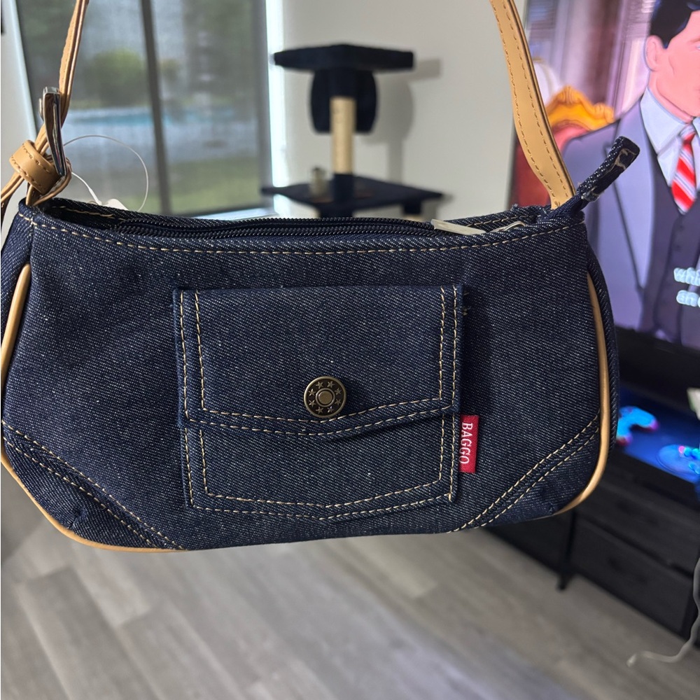 Blue and Tan Mini Bag with Structured Design